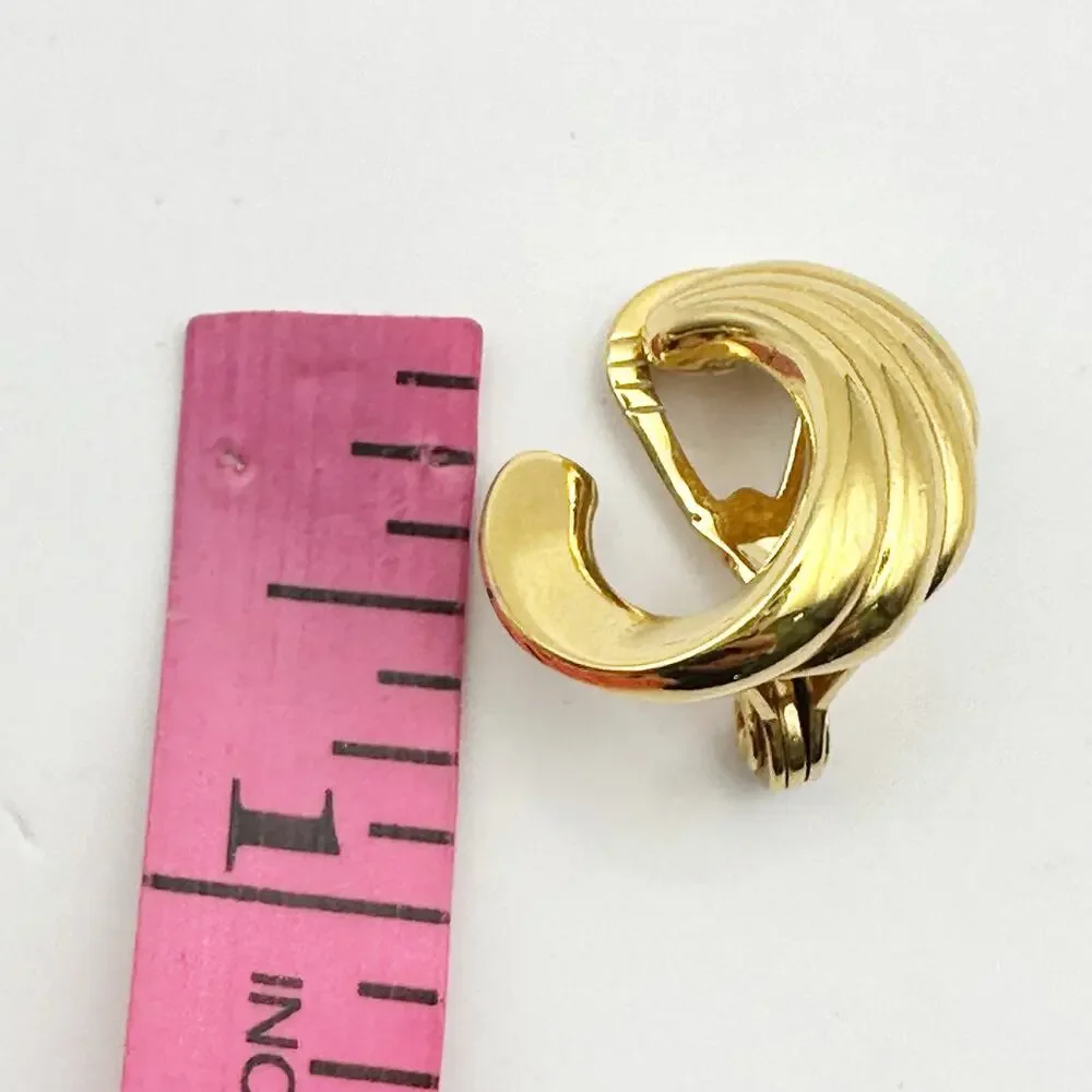 Monet Clip On Gold tone Swirl Retro Earring Vintage Jewelry Wavy Ribbed